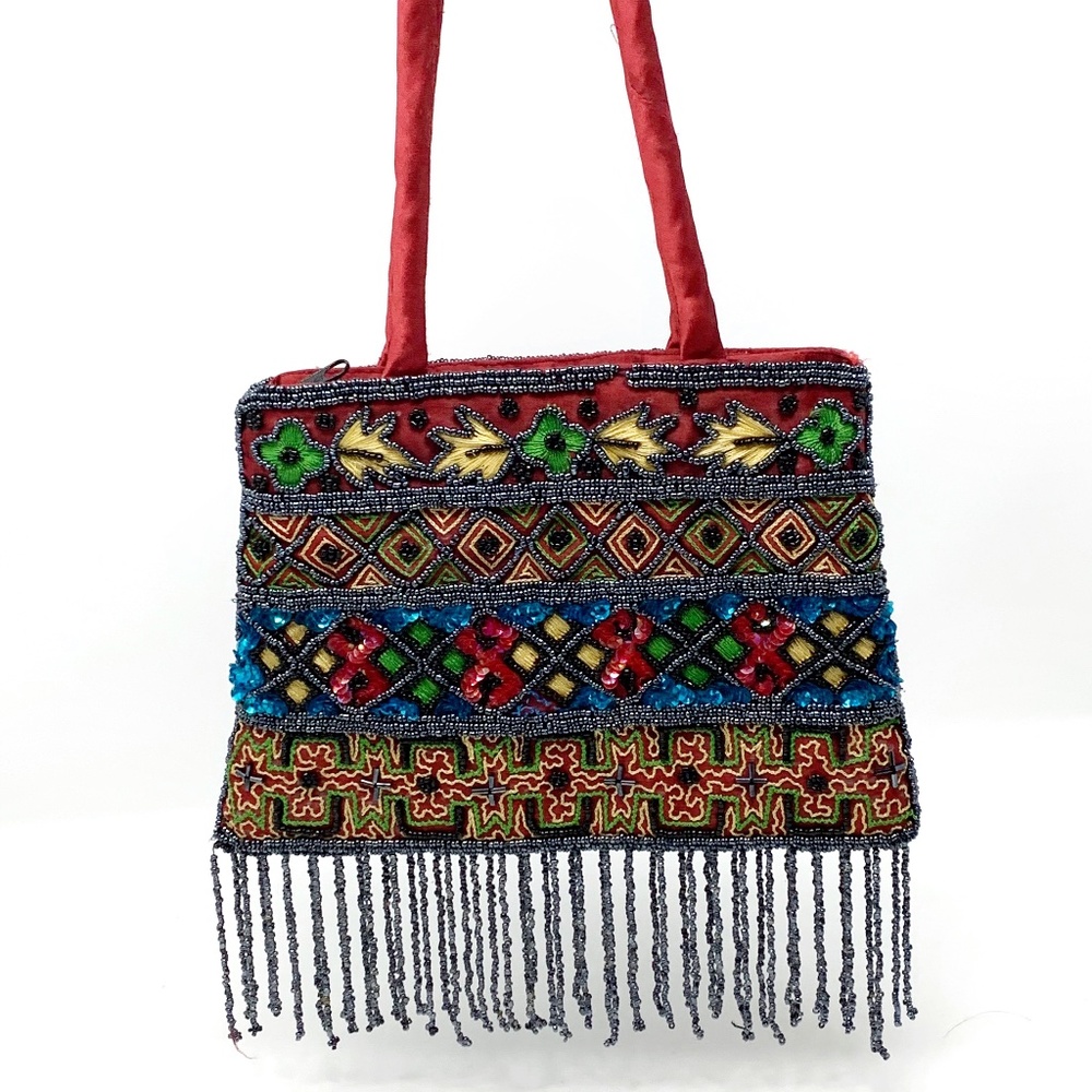 Boho Multi-colored Jeweled and Beaded Bag w/Fringe